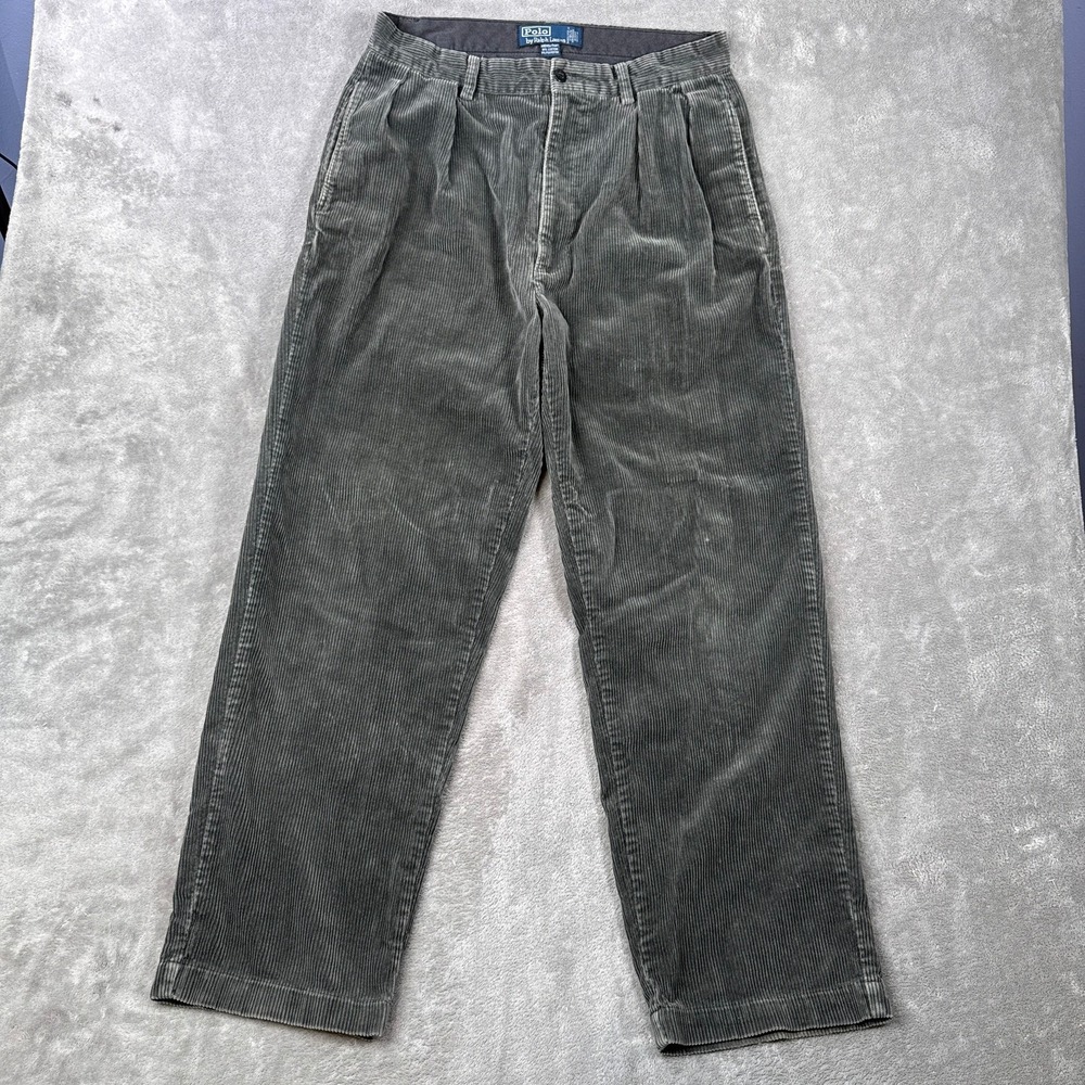 Vintage Polo Ralph Lauren Andrew Corduroy Pants Men 32x30 Olive Gray Pleated RL